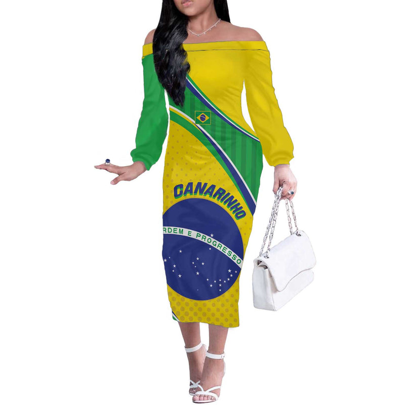 Custom Brazil Football Vamos Canarinho Off The Shoulder Long Sleeve Dress