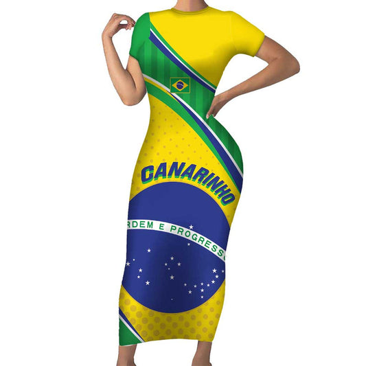 Custom Brazil Football Vamos Canarinho Short Sleeve Bodycon Dress