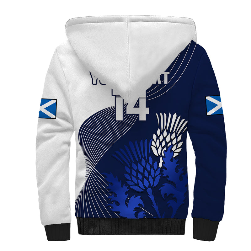 (Custom Text And Number) Scotland Rugby Thistle Unique Go Scottish Blue Version Sherpa Hoodie
