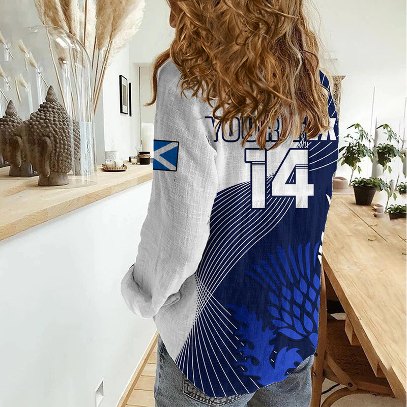 (Custom Text And Number) Scotland Rugby Thistle Unique Go Scottish Blue Version Women Casual Shirt