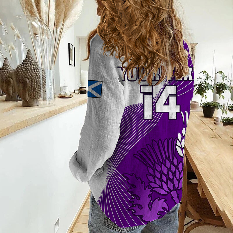 (Custom Text And Number) Scotland Rugby Thistle Unique Go Scottish Purple Version Women Casual Shirt