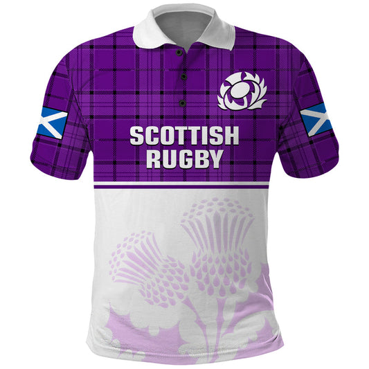 (Custom Text And Number) Scotland Rugby Thistle Mix Tartan Scottish Map Sporty Version Purple Polo Shirt