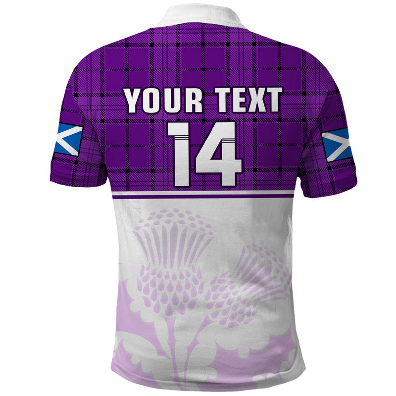 (Custom Text And Number) Scotland Rugby Thistle Mix Tartan Scottish Map Sporty Version Purple Polo Shirt