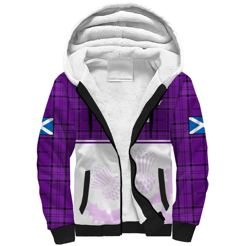 (Custom Text And Number) Scotland Rugby Thistle Mix Tartan Scottish Map Sporty Version Purple Sherpa Hoodie