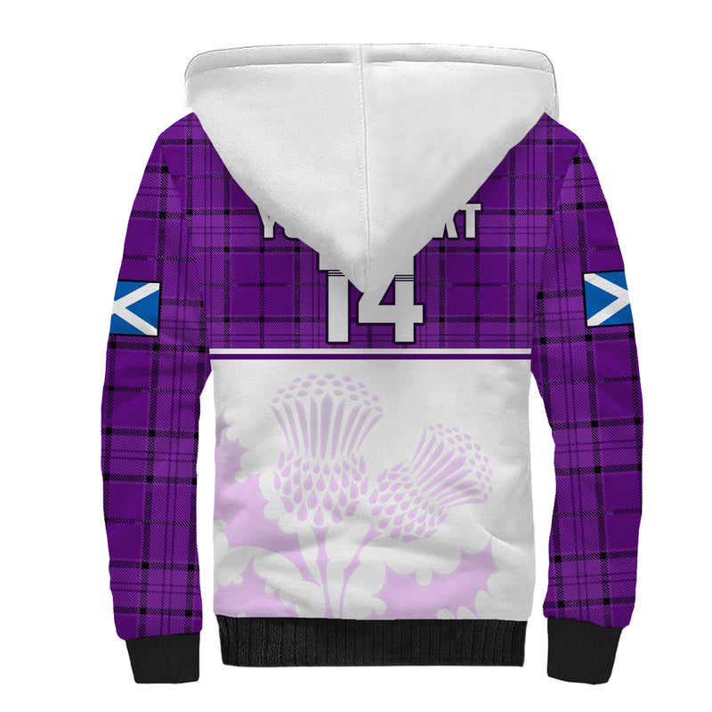 (Custom Text And Number) Scotland Rugby Thistle Mix Tartan Scottish Map Sporty Version Purple Sherpa Hoodie