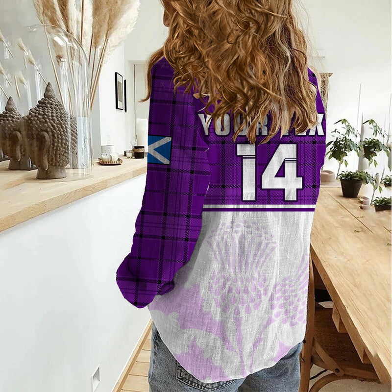 (Custom Text And Number) Scotland Rugby Thistle Mix Tartan Scottish Map Sporty Version Purple Women Casual Shirt