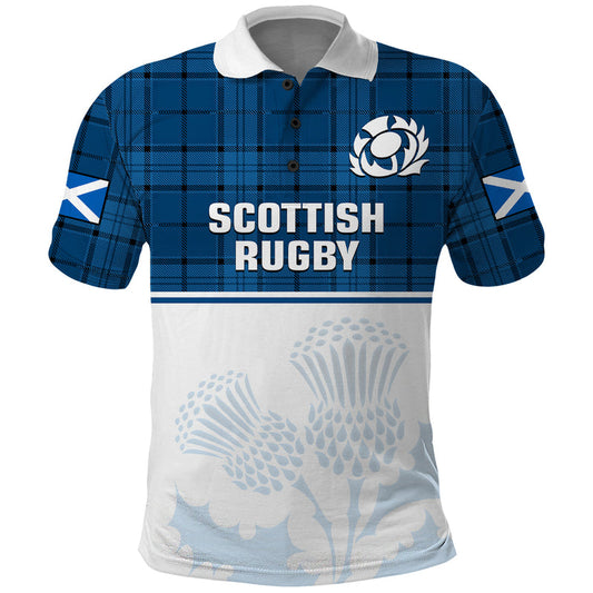 (Custom Text And Number) Scotland Rugby Thistle Mix Tartan Scottish Map Sporty Version Blue Polo Shirt