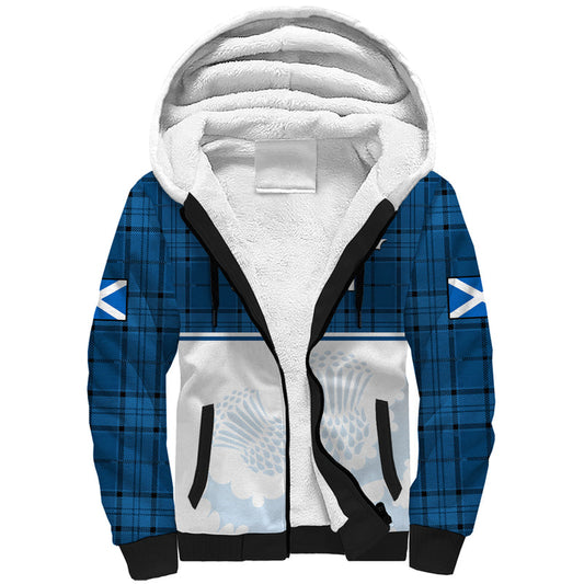 (Custom Text And Number) Scotland Rugby Thistle Mix Tartan Scottish Map Sporty Version Blue Sherpa Hoodie