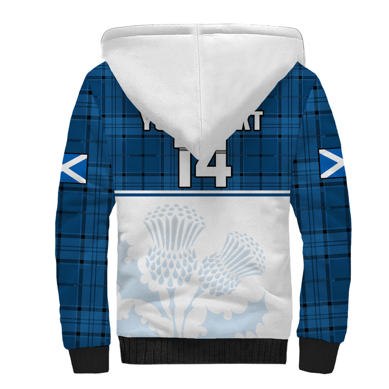 (Custom Text And Number) Scotland Rugby Thistle Mix Tartan Scottish Map Sporty Version Blue Sherpa Hoodie