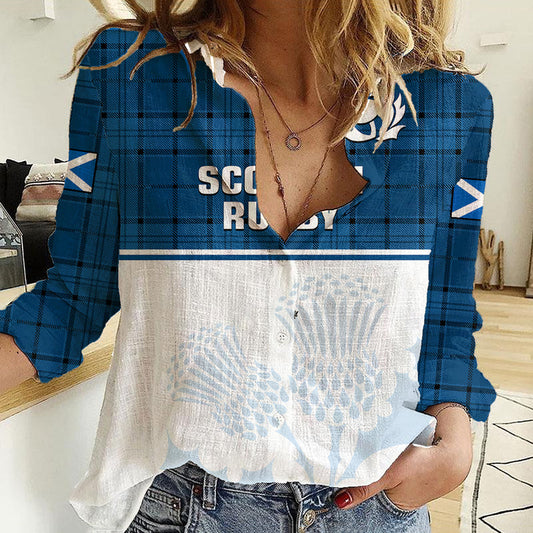 (Custom Text And Number) Scotland Rugby Thistle Mix Tartan Scottish Map Sporty Version Blue Women Casual Shirt