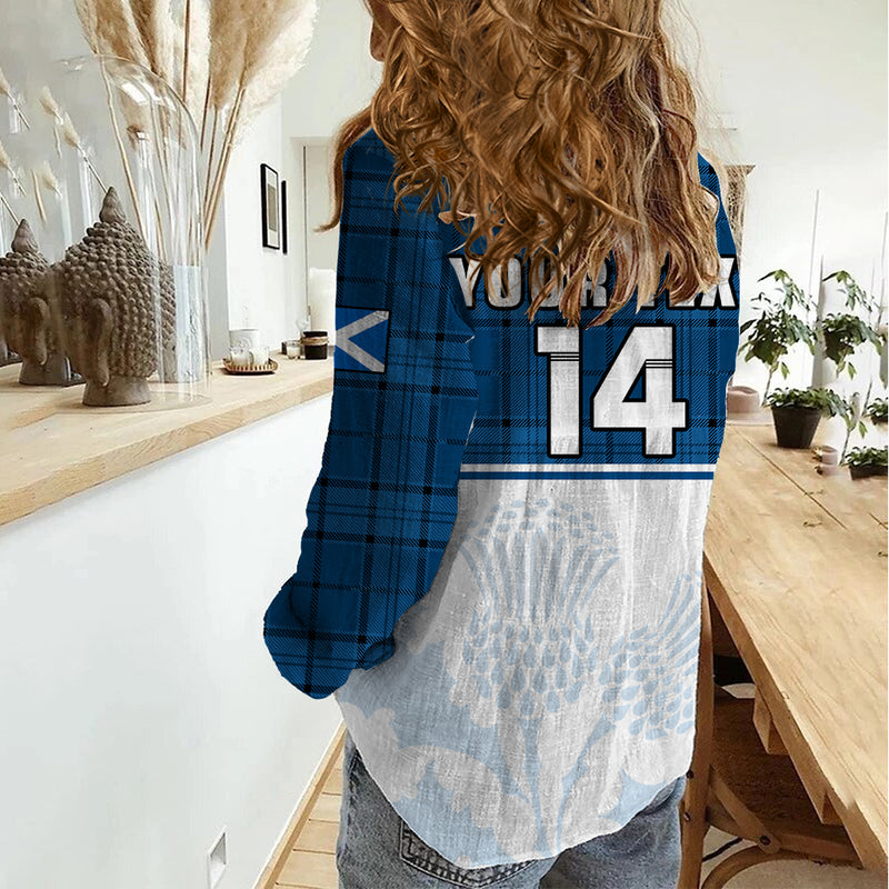 (Custom Text And Number) Scotland Rugby Thistle Mix Tartan Scottish Map Sporty Version Blue Women Casual Shirt
