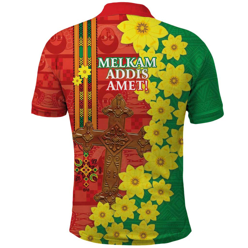 Enkutatash Ethiopia Melkam Addis Amet Adey Abeba Flower Polo Shirt