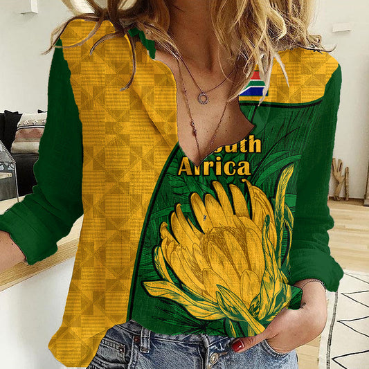 Custom South Africa King Protea With Kente Pattern Women Casual Shirt