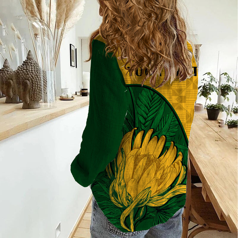 Custom South Africa King Protea With Kente Pattern Women Casual Shirt