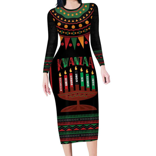 African-american Kwanzaa Kinara Candles African Pattern Long Sleeve Bodycon Dress