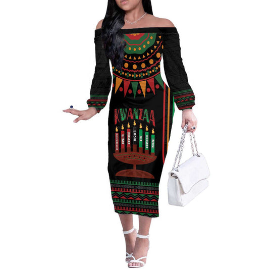 African-american Kwanzaa Kinara Candles African Pattern Off The Shoulder Long Sleeve Dress