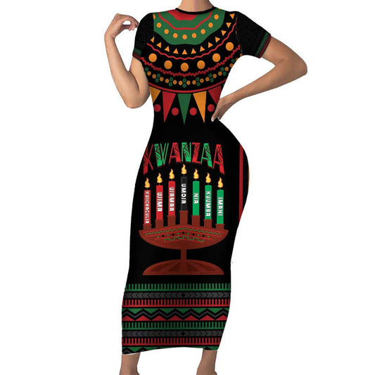 African-american Kwanzaa Kinara Candles African Pattern Short Sleeve Bodycon Dress