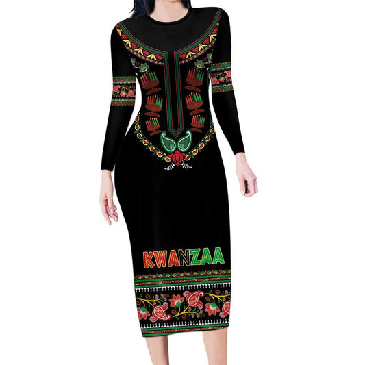 African-american Kwanzaa Dashiki Mix Paisley Pattern Long Sleeve Bodycon Dress