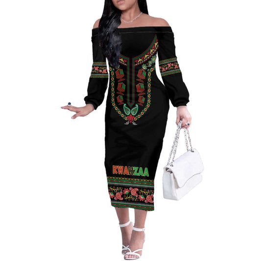 African-american Kwanzaa Dashiki Mix Paisley Pattern Off The Shoulder Long Sleeve Dress