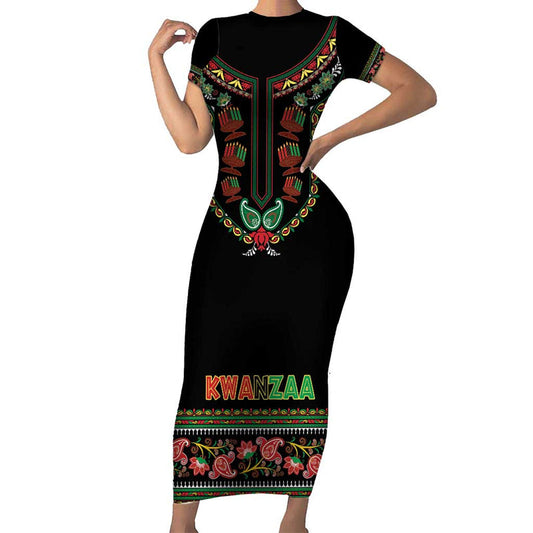 African-american Kwanzaa Dashiki Mix Paisley Pattern Short Sleeve Bodycon Dress
