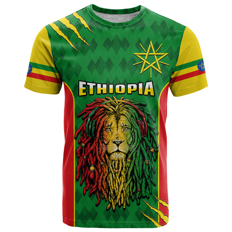 Ethiopia Men&#39;s Dreadlock Rasta Lion Headphones T Shirt
