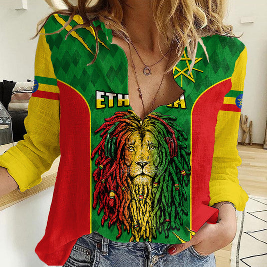 Ethiopia Men&#39;s Dreadlock Rasta Lion Headphones Women Casual Shirt