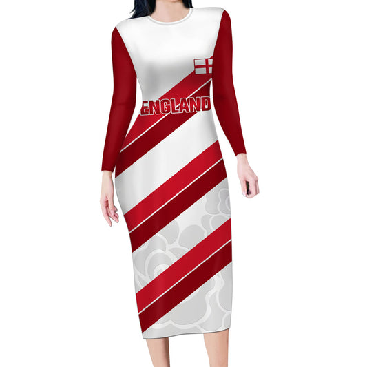 Custom England Rugby 2024 Go Champions Red Rose Sporty Version Long Sleeve Bodycon Dress