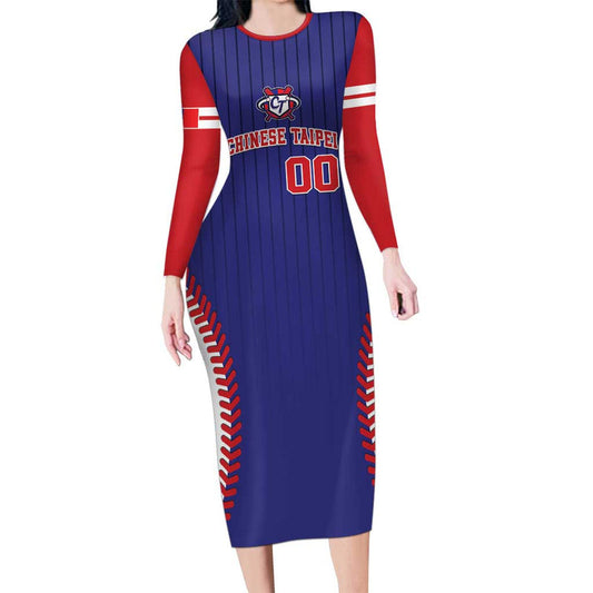 Custom Chinese Taipei Go Taiwanese - Baseball Style Long Sleeve Bodycon Dress