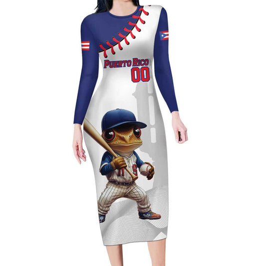 Custom Baseball Puerto Rico Coqui Mascot - Dynamic Style Long Sleeve Bodycon Dress