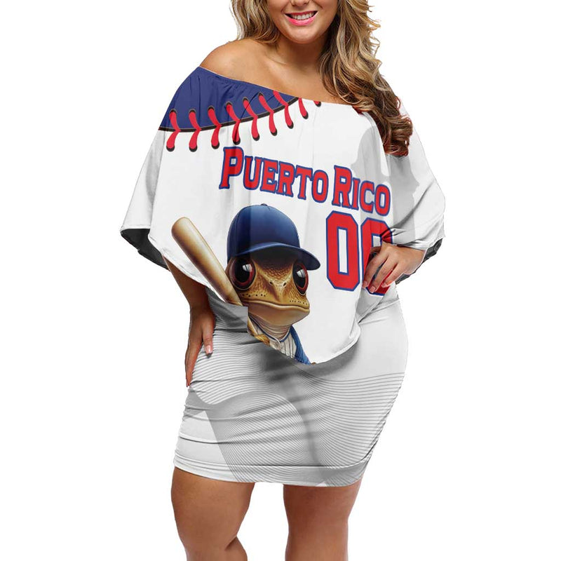 Custom Baseball Puerto Rico Coqui Mascot - Dynamic Style Off Shoulder Short Dress