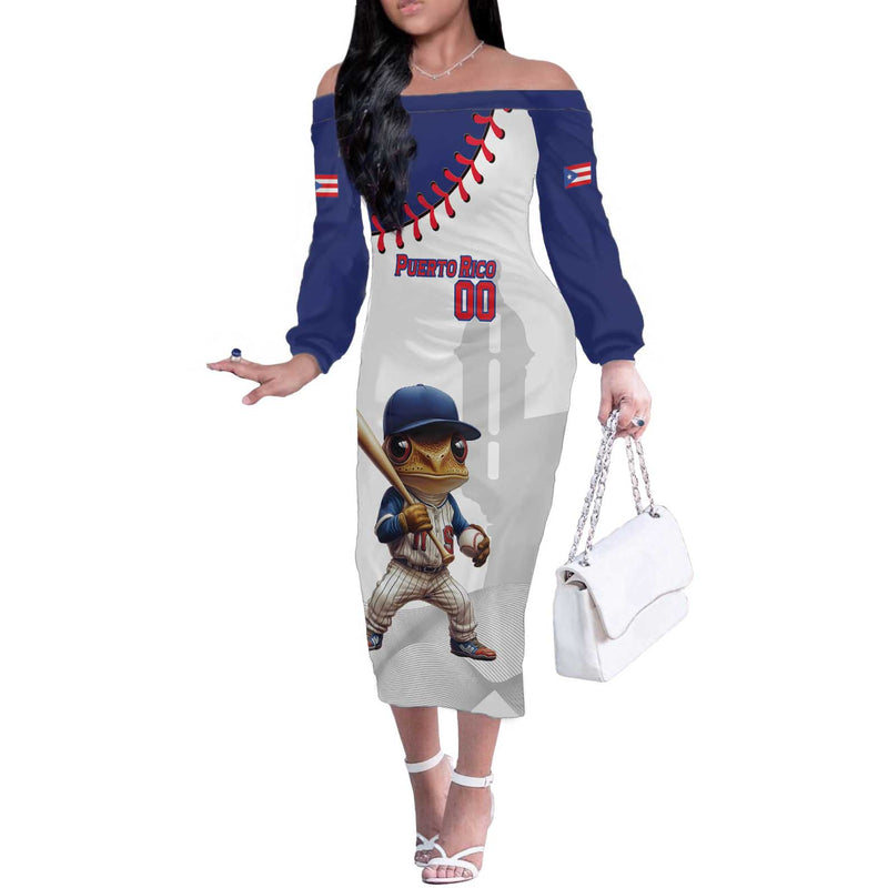 Custom Baseball Puerto Rico Coqui Mascot - Dynamic Style Off The Shoulder Long Sleeve Dress