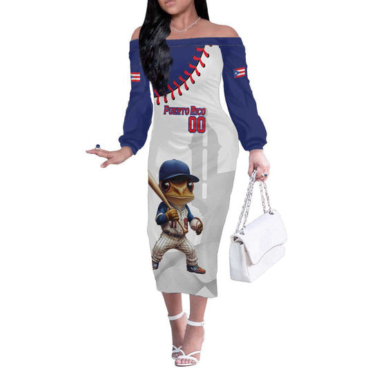 Custom Baseball Puerto Rico Coqui Mascot - Dynamic Style Off The Shoulder Long Sleeve Dress