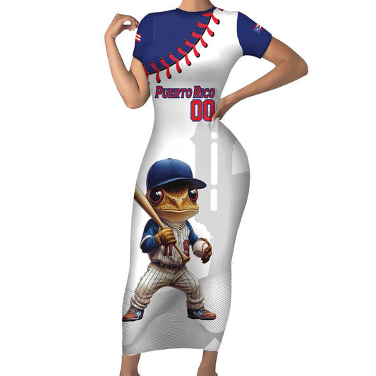 Custom Baseball Puerto Rico Coqui Mascot - Dynamic Style Short Sleeve Bodycon Dress