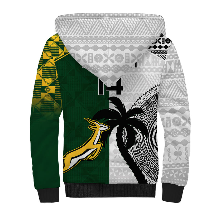 Custom South Africa And Fiji Rugby 2023 World Cup Fijian Tapa With Kente Pattern Sherpa Hoodie