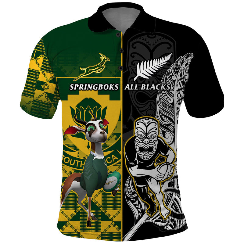 Custom South Africa And Aotearoa Rugby 2023 Springboks Kente Combine All Black Maori Fern Polo Shirt