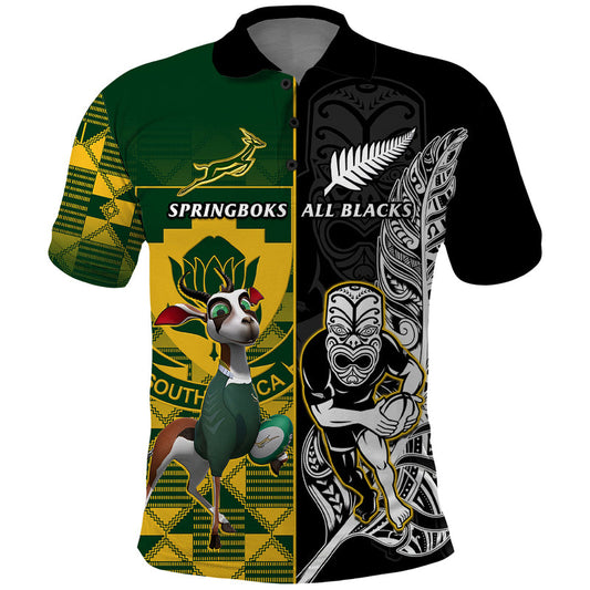 Custom South Africa And Aotearoa Rugby 2023 Springboks Kente Combine All Black Maori Fern Polo Shirt