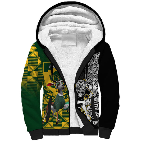 Custom South Africa And Aotearoa Rugby 2023 Springboks Kente Combine All Black Maori Fern Sherpa Hoodie
