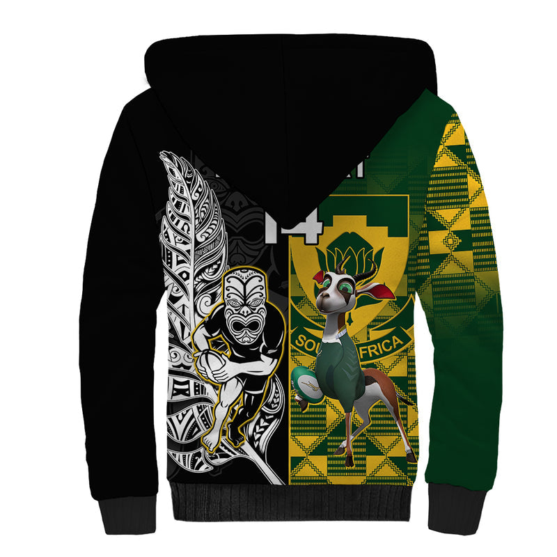 Custom South Africa And Aotearoa Rugby 2023 Springboks Kente Combine All Black Maori Fern Sherpa Hoodie