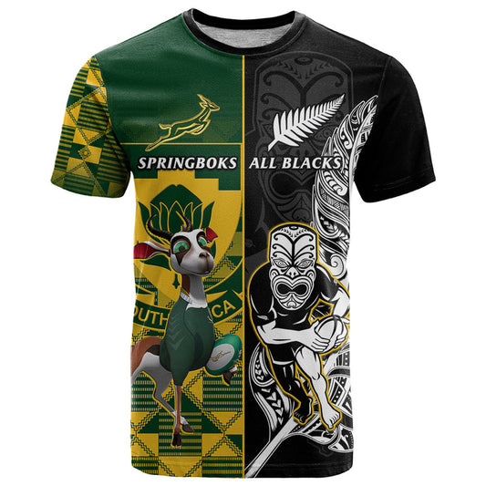 Custom South Africa And Aotearoa Rugby 2023 Springboks Kente Combine All Black Maori Fern T Shirt