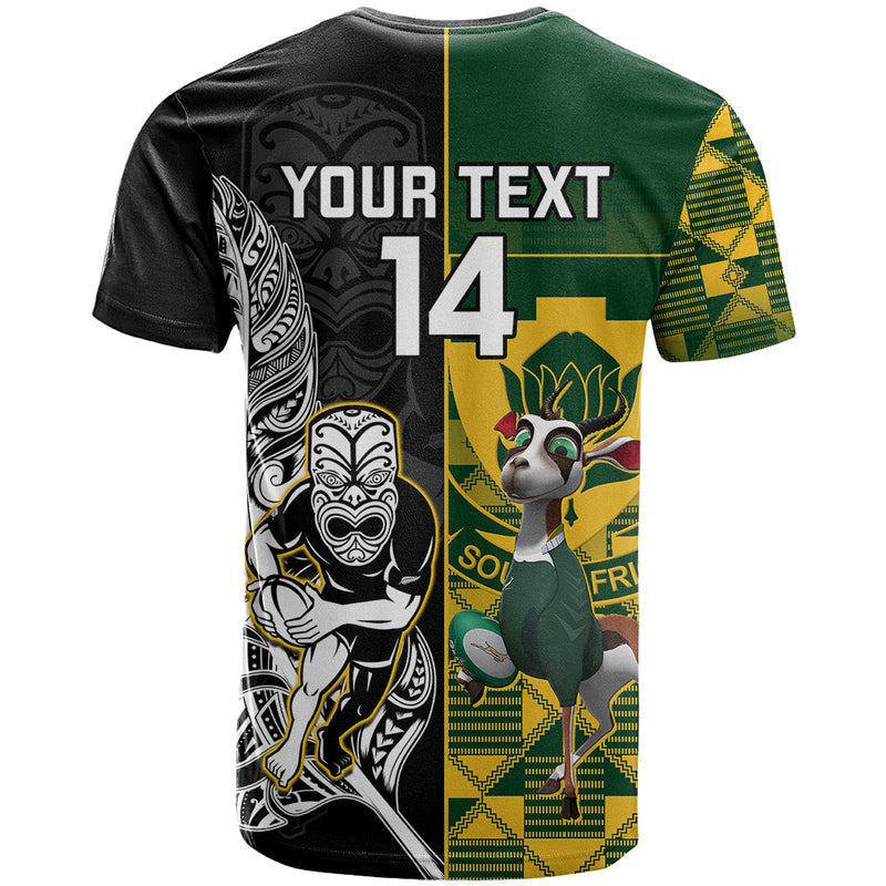 Custom South Africa And Aotearoa Rugby 2023 Springboks Kente Combine All Black Maori Fern T Shirt