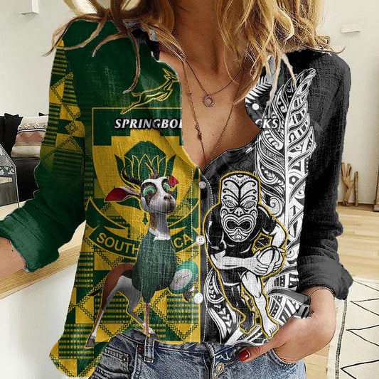 Custom South Africa And Aotearoa Rugby 2023 Springboks Kente Combine All Black Maori Fern Women Casual Shirt
