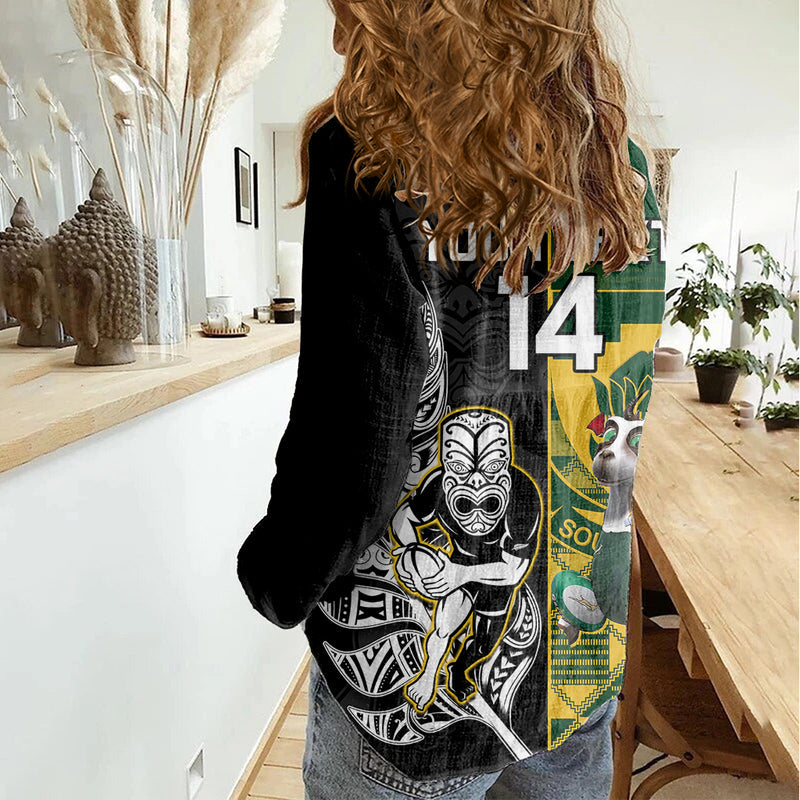 Custom South Africa And Aotearoa Rugby 2023 Springboks Kente Combine All Black Maori Fern Women Casual Shirt
