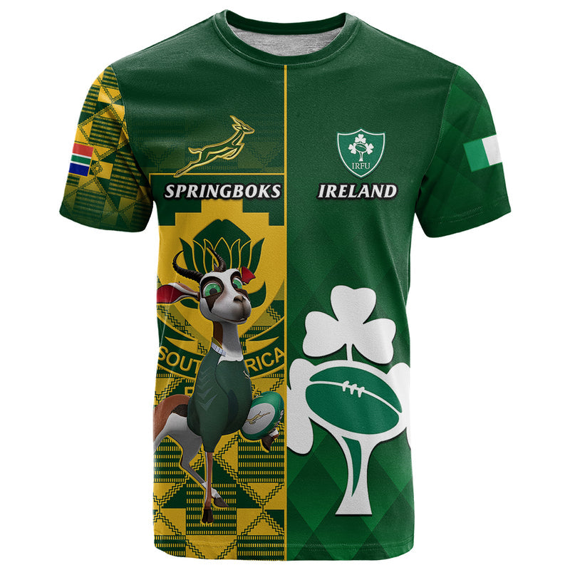 Custom South Africa And Ireland Rugby 2023 World Cup Springboks Shamrocks Together T Shirt