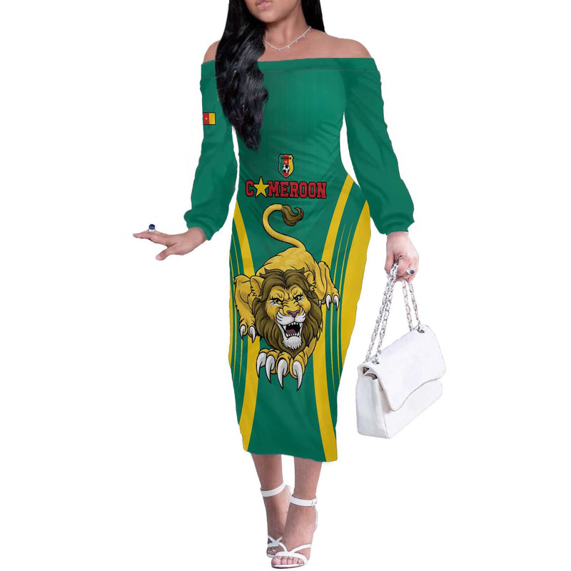 Custom Cameroon Football Go Indomitable Lions Off The Shoulder Long Sleeve Dress
