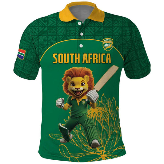 Custom South Africa Cricket Lion Mascot With Protea Polo Shirt
