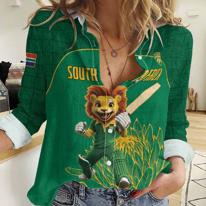 Custom South Africa Cricket Lion Mascot With Protea Women Casual Shirt