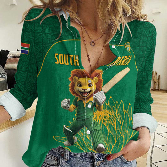 Custom South Africa Cricket Lion Mascot With Protea Women Casual Shirt