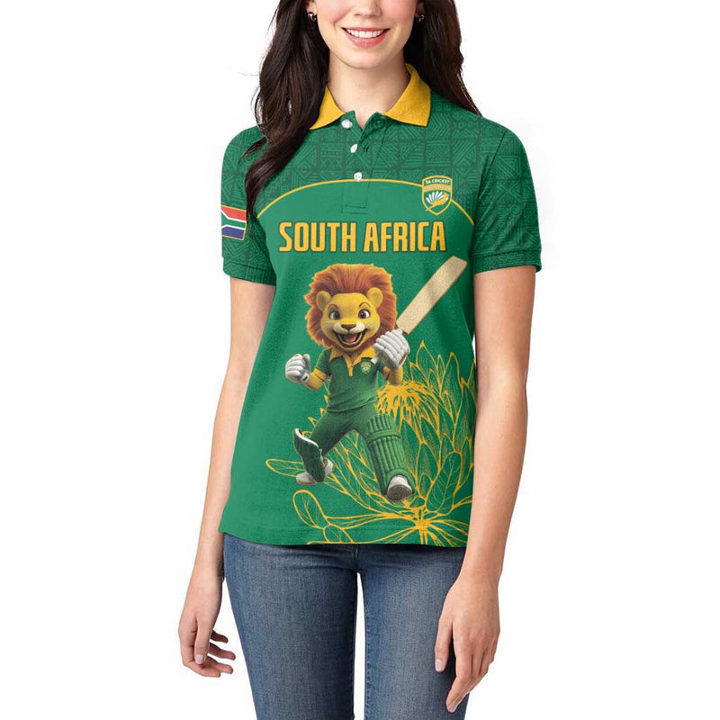 Custom South Africa Cricket Lion Mascot With Protea Women Polo Shirt