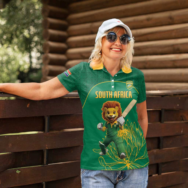 Custom South Africa Cricket Lion Mascot With Protea Women Polo Shirt