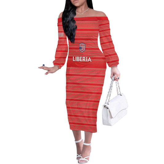 Custom Liberia Football Women Red Jersey Off The Shoulder Long Sleeve Dress